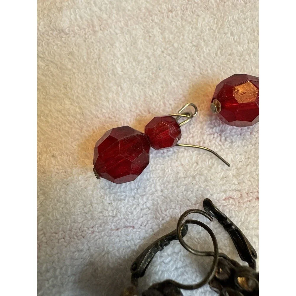 Lot of 3 Pairs‎ Vintage Earrings — Red Crystal Drop, Rhinestone Cluster Clip-On
